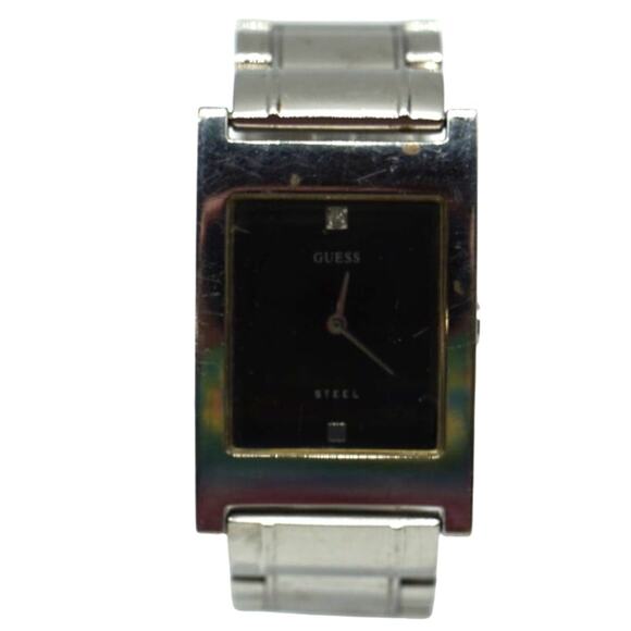 Guess Steel Watch Unisex 26mm Silver Tone Tank Black Dial with New Battery - Picture 2 of 6